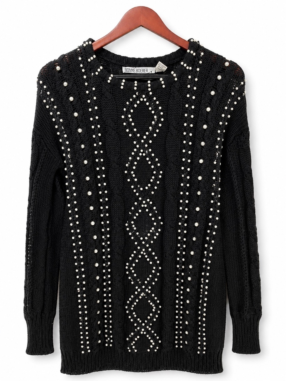Vintage Pearl Embellished Cable Knit Sweater Black Grandma Chic Coquette Medium